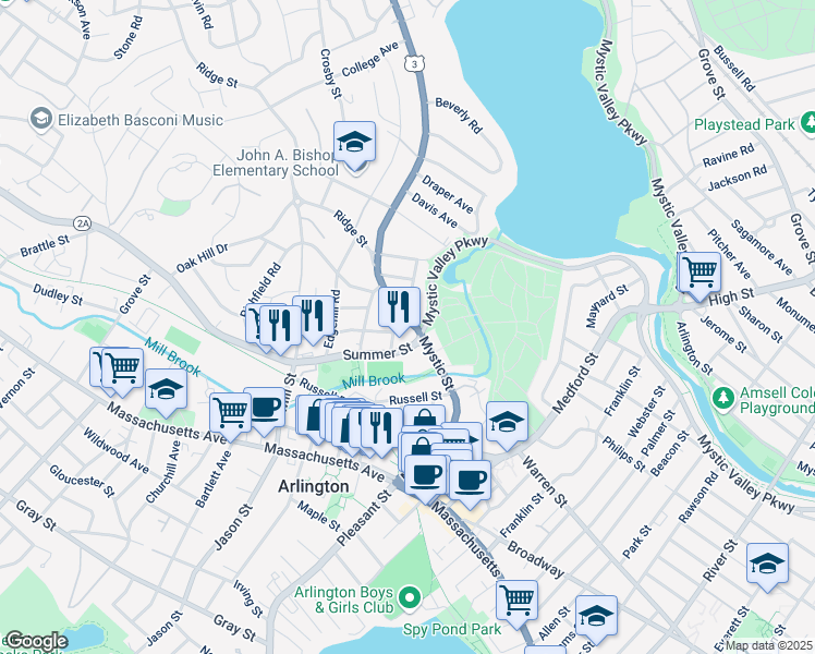map of restaurants, bars, coffee shops, grocery stores, and more near 144 Mystic Street in Arlington