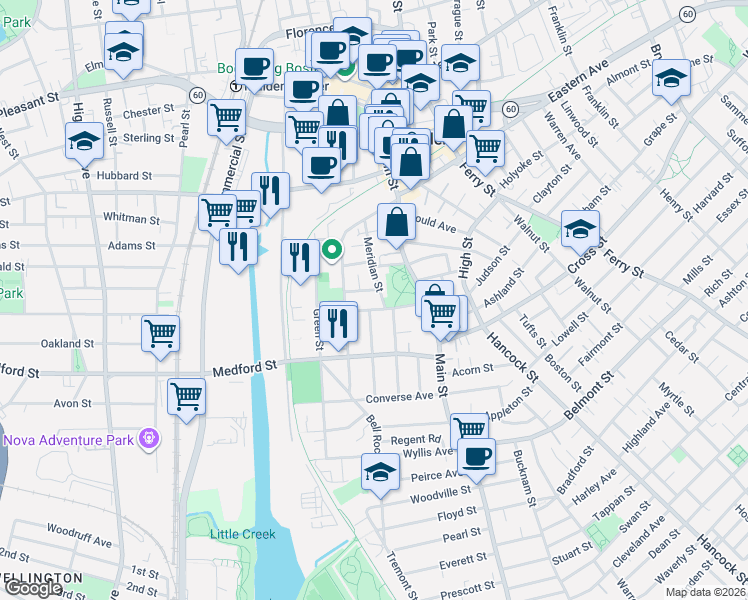 map of restaurants, bars, coffee shops, grocery stores, and more near 73 Meridian Street in Malden