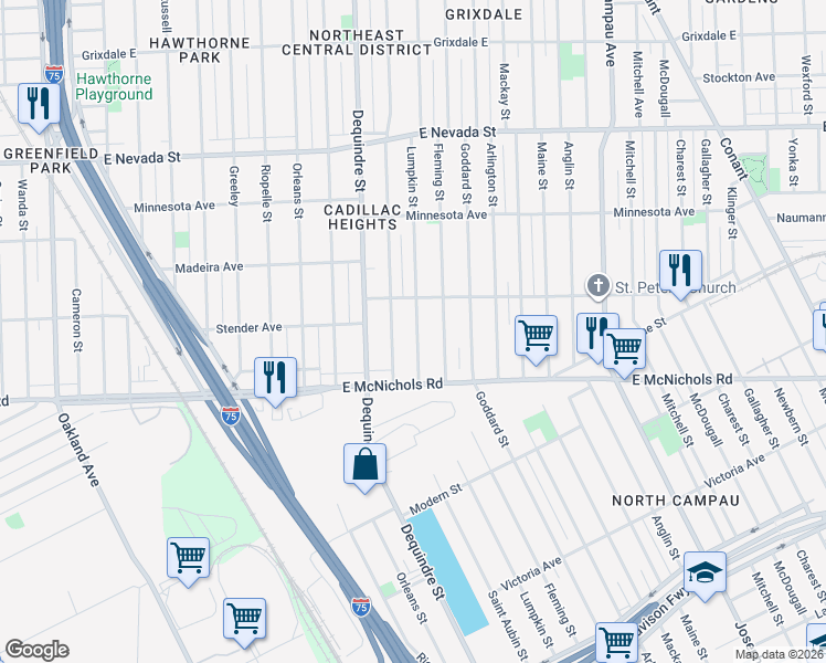 map of restaurants, bars, coffee shops, grocery stores, and more near 17209 Lumpkin Street in Detroit