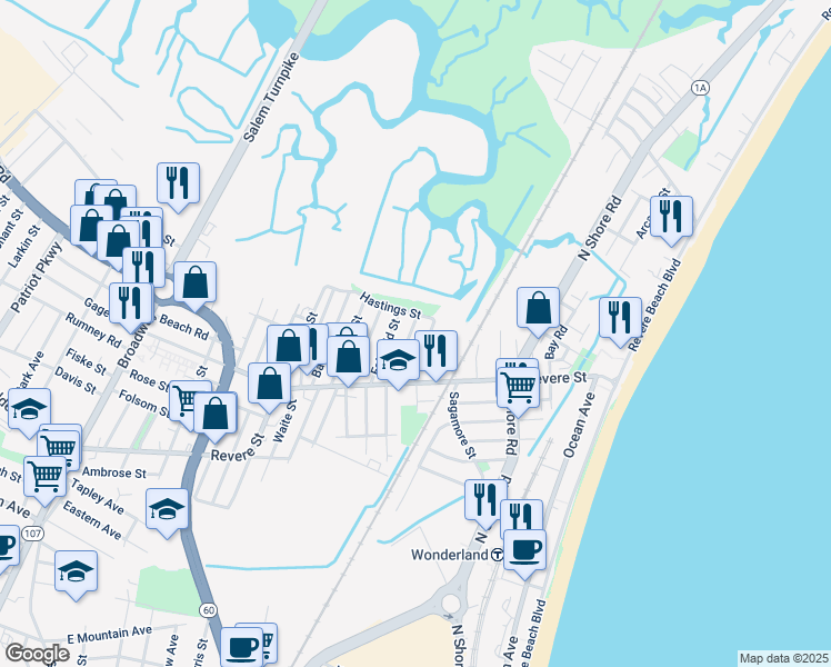 map of restaurants, bars, coffee shops, grocery stores, and more near 55 Bosson Street in Revere