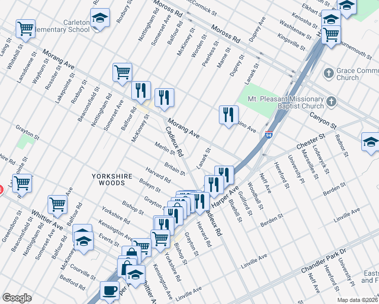 map of restaurants, bars, coffee shops, grocery stores, and more near 10141 Duprey Street in Detroit