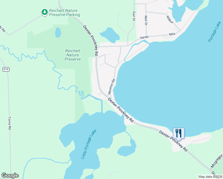 map of restaurants, bars, coffee shops, grocery stores, and more near 9634 Winston Rd in Pinckney