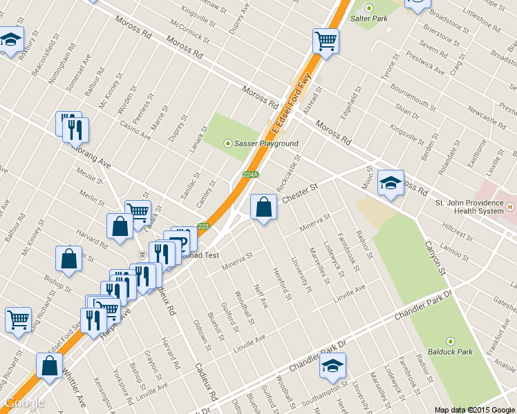 map of restaurants, bars, coffee shops, grocery stores, and more near 17635 Chester Street in Detroit