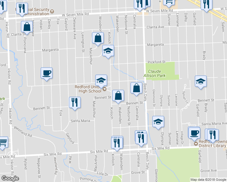 map of restaurants, bars, coffee shops, grocery stores, and more near 17690 Kinloch in Redford Charter Township