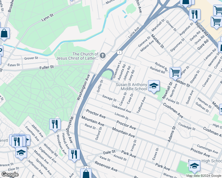 map of restaurants, bars, coffee shops, grocery stores, and more near 24 Richie Road in Revere