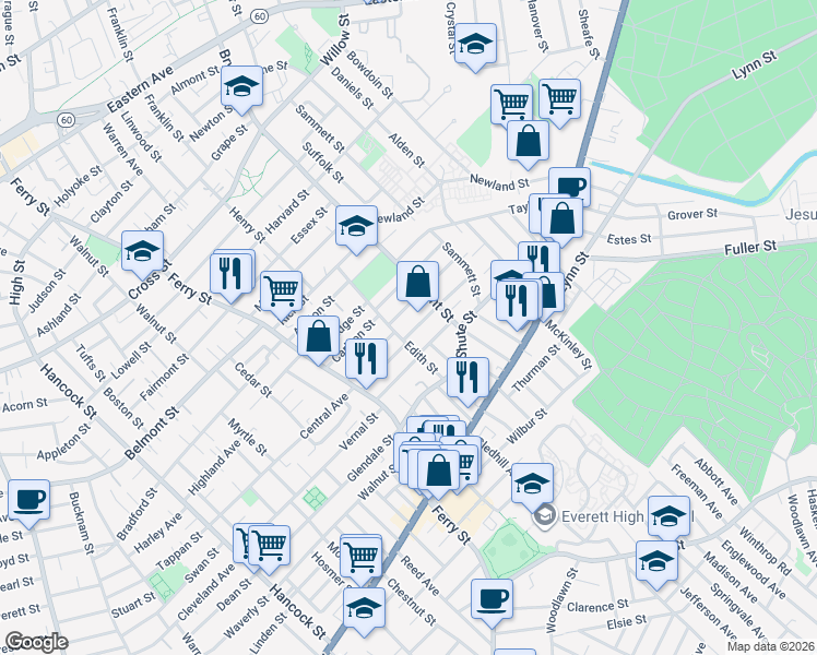 map of restaurants, bars, coffee shops, grocery stores, and more near 10 Newton Street in Everett