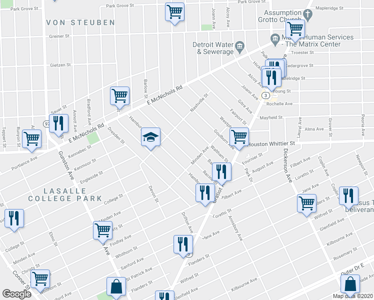 map of restaurants, bars, coffee shops, grocery stores, and more near 12458 Racine Street in Detroit