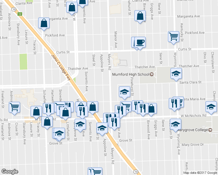 map of restaurants, bars, coffee shops, grocery stores, and more near 12705 Santa Clara Street in Detroit