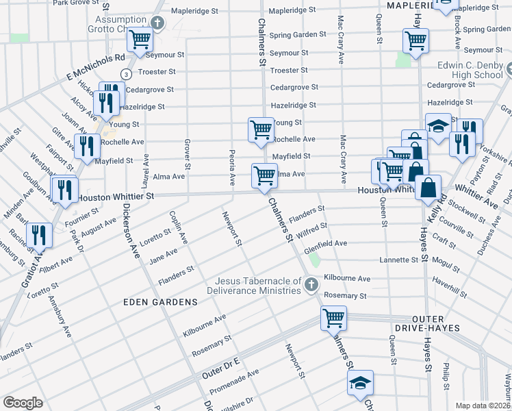 map of restaurants, bars, coffee shops, grocery stores, and more near 14295 Jane Avenue in Detroit