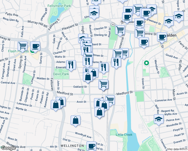 map of restaurants, bars, coffee shops, grocery stores, and more near 30 Thacher Street in Malden
