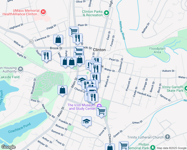 map of restaurants, bars, coffee shops, grocery stores, and more near 272 High Street in Clinton