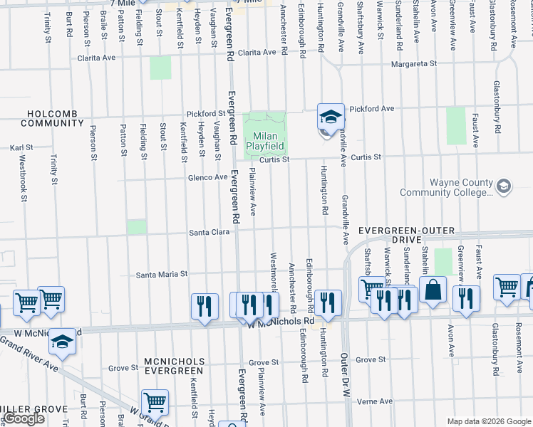 map of restaurants, bars, coffee shops, grocery stores, and more near 17543 Westmoreland Road in Detroit