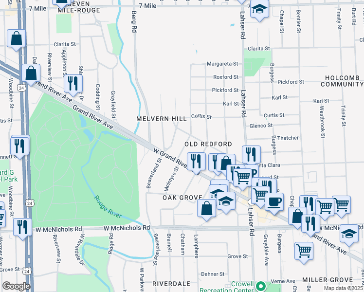 map of restaurants, bars, coffee shops, grocery stores, and more near 17661 McIntyre Street in Detroit