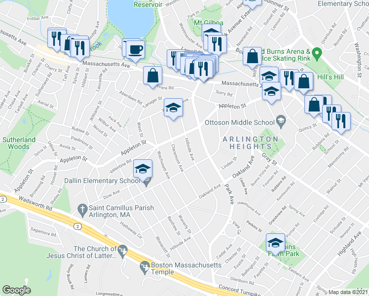 map of restaurants, bars, coffee shops, grocery stores, and more near 67 Hillside Avenue in Arlington