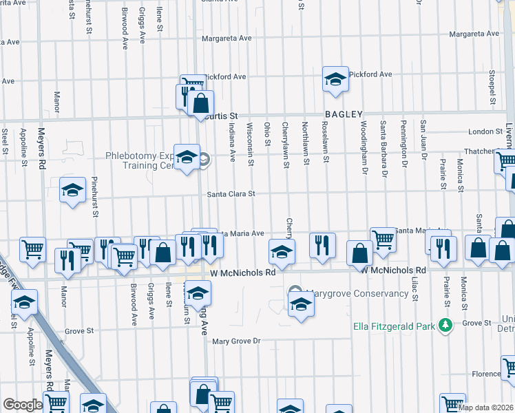 map of restaurants, bars, coffee shops, grocery stores, and more near 17384 Wisconsin Street in Detroit