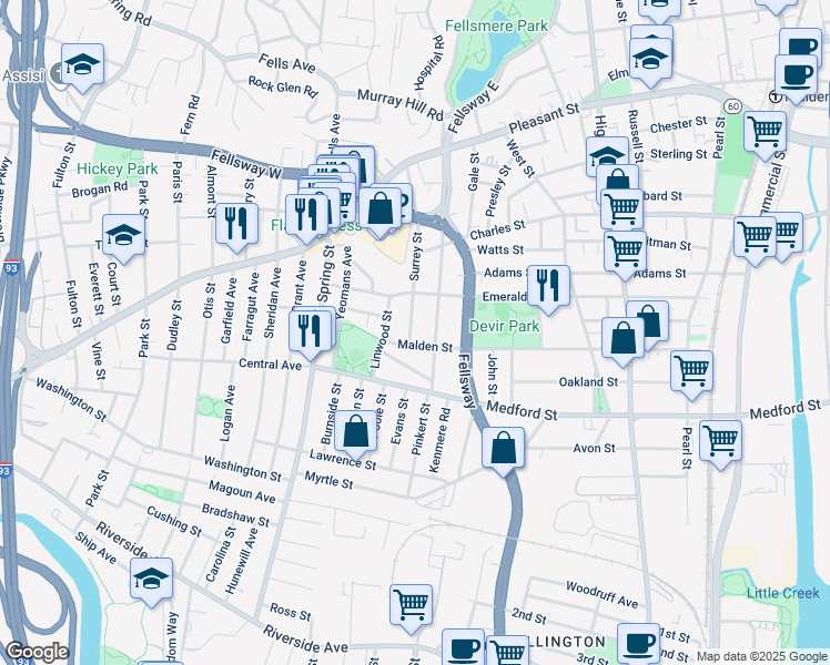 map of restaurants, bars, coffee shops, grocery stores, and more near 55 Surrey Street in Medford