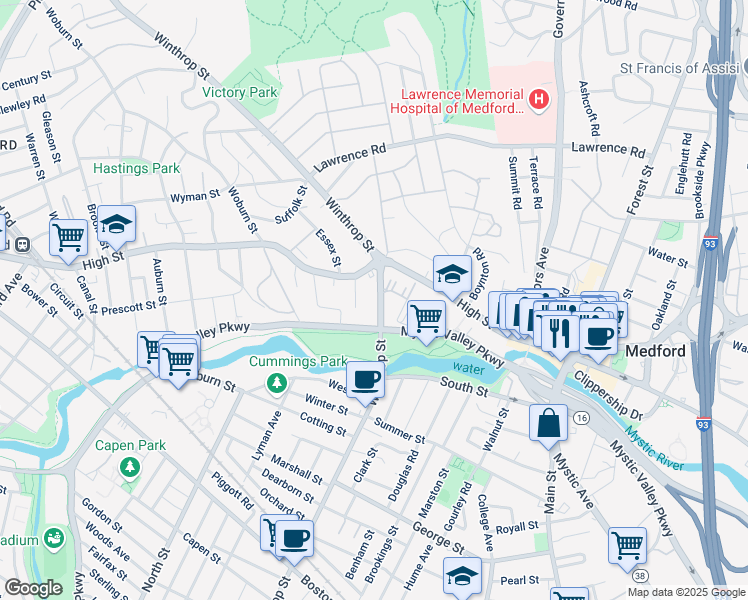 map of restaurants, bars, coffee shops, grocery stores, and more near 262 Winthrop Street in Medford
