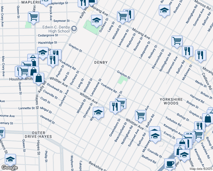 map of restaurants, bars, coffee shops, grocery stores, and more near 11203 Wayburn Avenue in Detroit