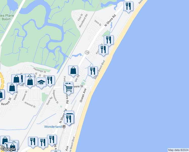 map of restaurants, bars, coffee shops, grocery stores, and more near 332 Revere Beach Boulevard in Revere