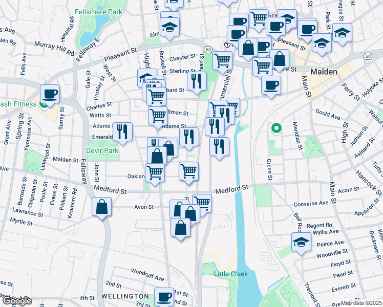 map of restaurants, bars, coffee shops, grocery stores, and more near 262 Pearl Street in Malden