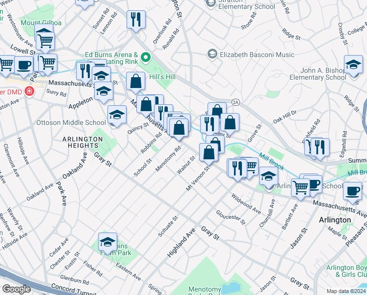 map of restaurants, bars, coffee shops, grocery stores, and more near 4 Menotomy Road in Arlington
