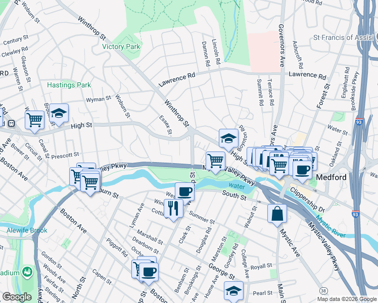 map of restaurants, bars, coffee shops, grocery stores, and more near 262 Winthrop Street in Medford