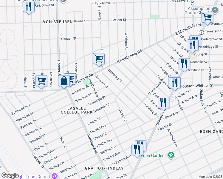 map of restaurants, bars, coffee shops, grocery stores, and more near 12718 Dresden Street in Detroit