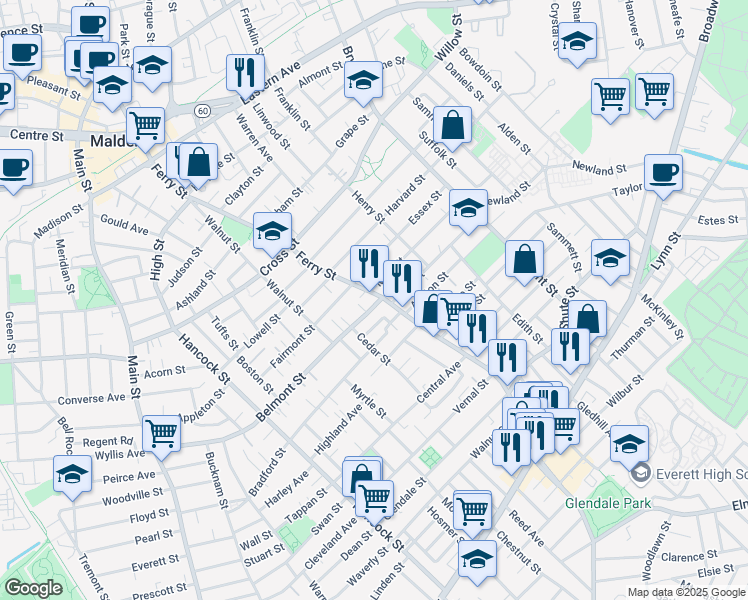 map of restaurants, bars, coffee shops, grocery stores, and more near 475-481 Ferry Street in Malden