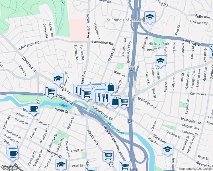 map of restaurants, bars, coffee shops, grocery stores, and more near 38 Ashland Street in Medford