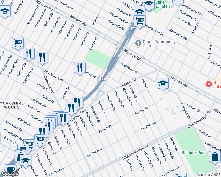 map of restaurants, bars, coffee shops, grocery stores, and more near 17647 Chester Street in Detroit