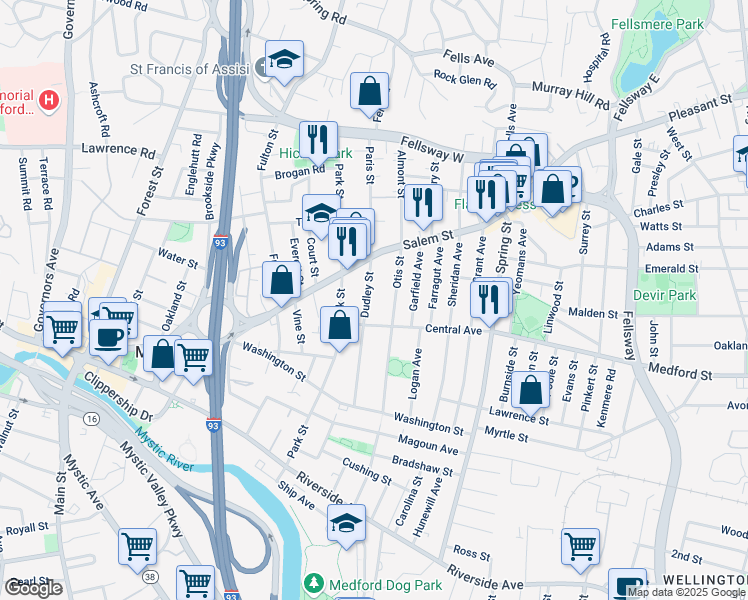 map of restaurants, bars, coffee shops, grocery stores, and more near 91 Dudley Street in Medford