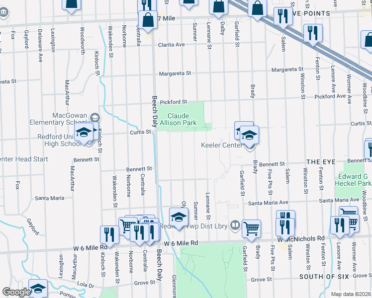 map of restaurants, bars, coffee shops, grocery stores, and more near 17685 Sumner in Redford Charter Township