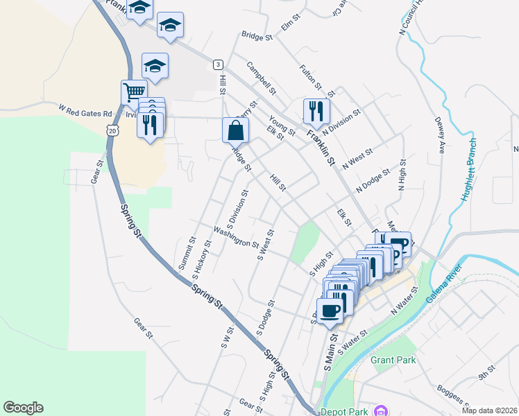 map of restaurants, bars, coffee shops, grocery stores, and more near 209 South Oak Street in Galena