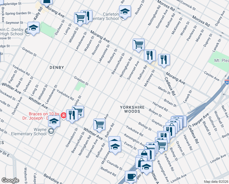 map of restaurants, bars, coffee shops, grocery stores, and more near 10842 Nottingham Road in Detroit