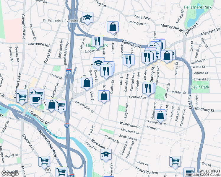 map of restaurants, bars, coffee shops, grocery stores, and more near 92 Dudley Street in Medford