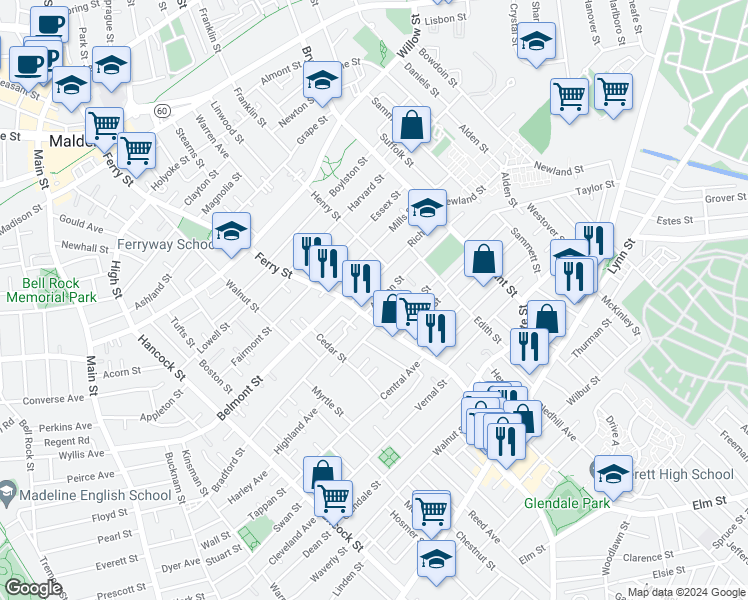 map of restaurants, bars, coffee shops, grocery stores, and more near 16 Ashton Street in Everett
