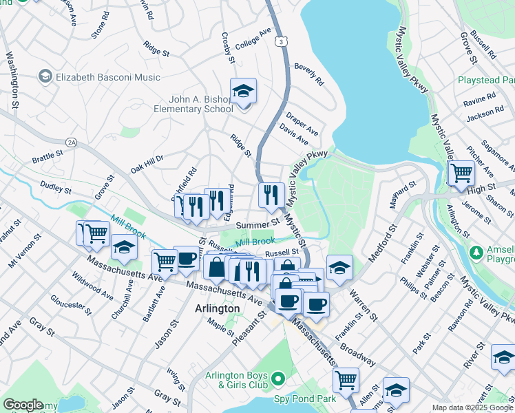 map of restaurants, bars, coffee shops, grocery stores, and more near 9-11 Johnson Road in Arlington