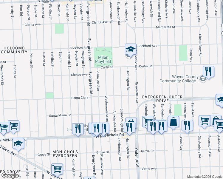 map of restaurants, bars, coffee shops, grocery stores, and more near 17540 Annchester Road in Detroit
