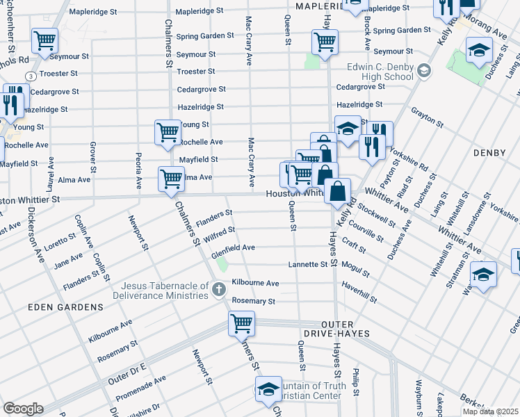 map of restaurants, bars, coffee shops, grocery stores, and more near 14793 Flanders Street in Detroit