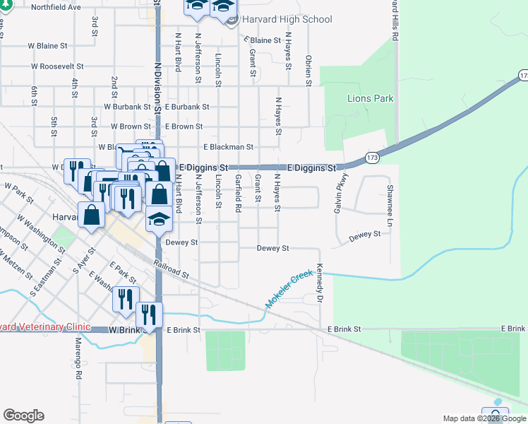 map of restaurants, bars, coffee shops, grocery stores, and more near 208 North Hayes Street in Harvard