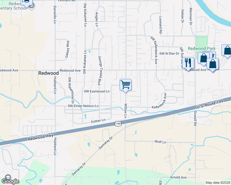 map of restaurants, bars, coffee shops, grocery stores, and more near 2679 Esther Lane in Grants Pass