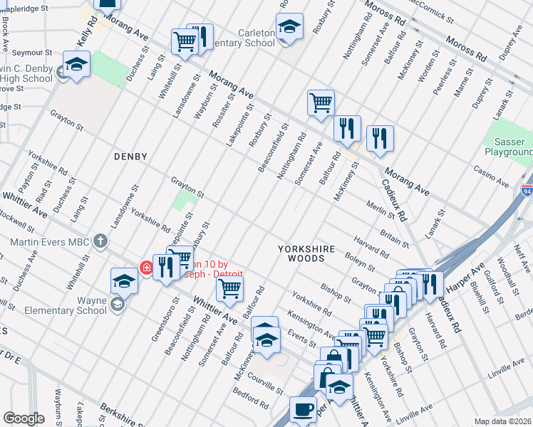 map of restaurants, bars, coffee shops, grocery stores, and more near 10842 Nottingham Road in Detroit