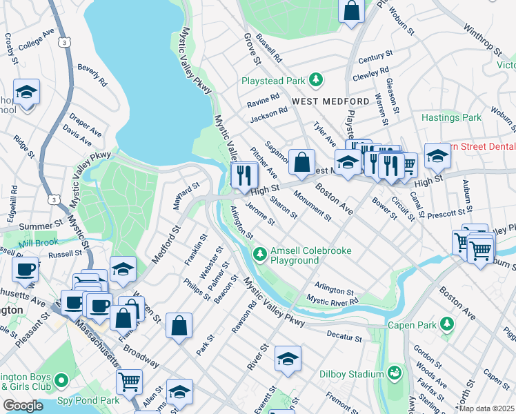 map of restaurants, bars, coffee shops, grocery stores, and more near 22 Jerome Street in Medford