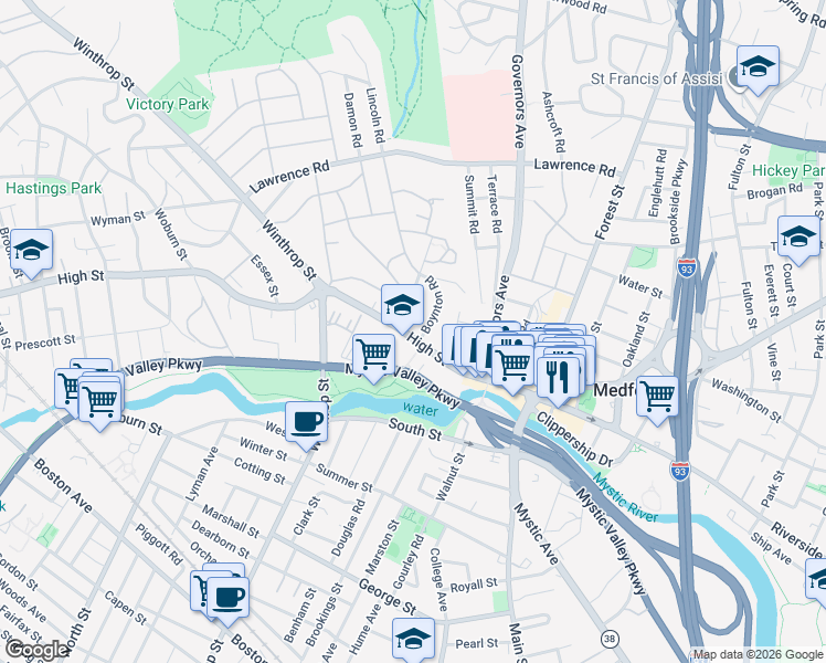 map of restaurants, bars, coffee shops, grocery stores, and more near 129 High Street in Medford