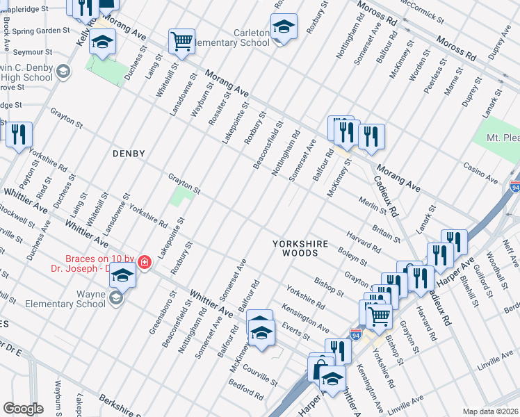 map of restaurants, bars, coffee shops, grocery stores, and more near 10842 Nottingham Road in Detroit