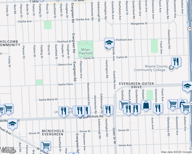 map of restaurants, bars, coffee shops, grocery stores, and more near 17540 Annchester Road in Detroit
