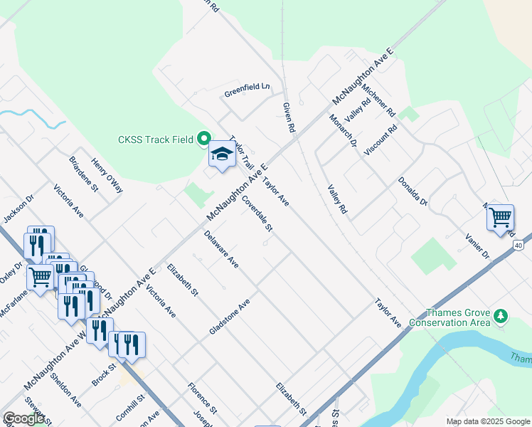 map of restaurants, bars, coffee shops, grocery stores, and more near 167 Coverdale Street in Chatham