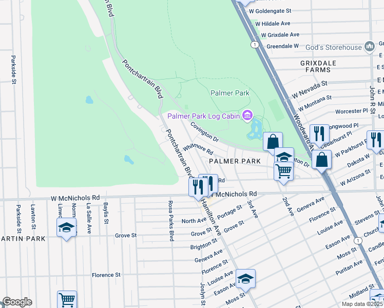map of restaurants, bars, coffee shops, grocery stores, and more near 980 Whitmore Road in Detroit