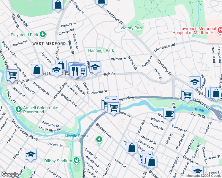 map of restaurants, bars, coffee shops, grocery stores, and more near 54 Prescott Street in Medford