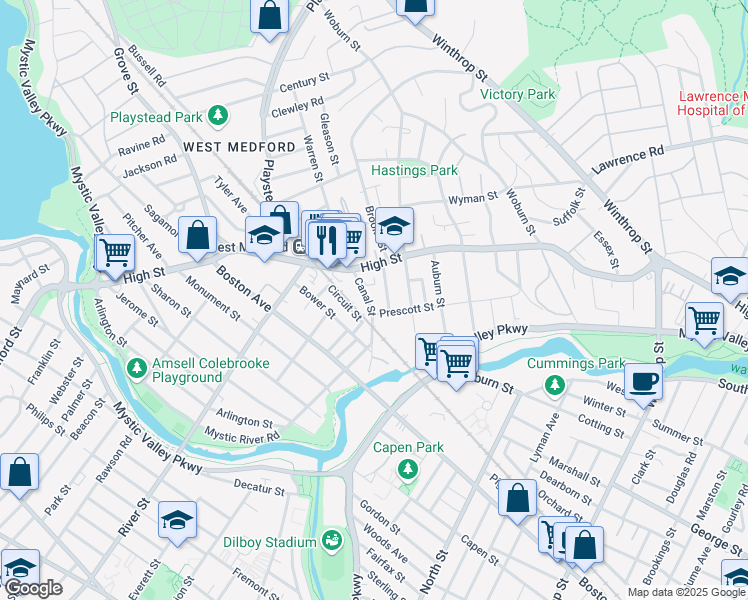 map of restaurants, bars, coffee shops, grocery stores, and more near 24 Canal Street in Medford